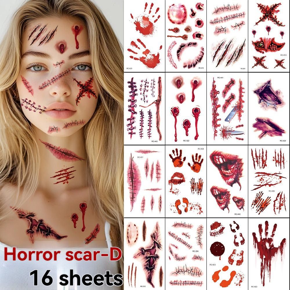 Halloween Tattoos 3D Temporary Tattoos Fake Wound Stickers Blood Wounds - Red - Size scarA-20pcs