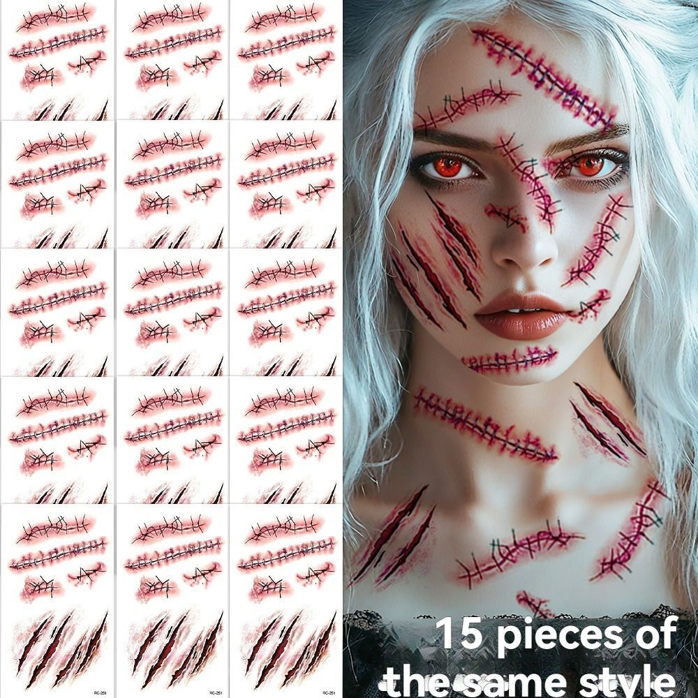Halloween Tattoos 3D Temporary Tattoos Fake Wound Stickers Blood Wounds - Red - Size scarA-20pcs