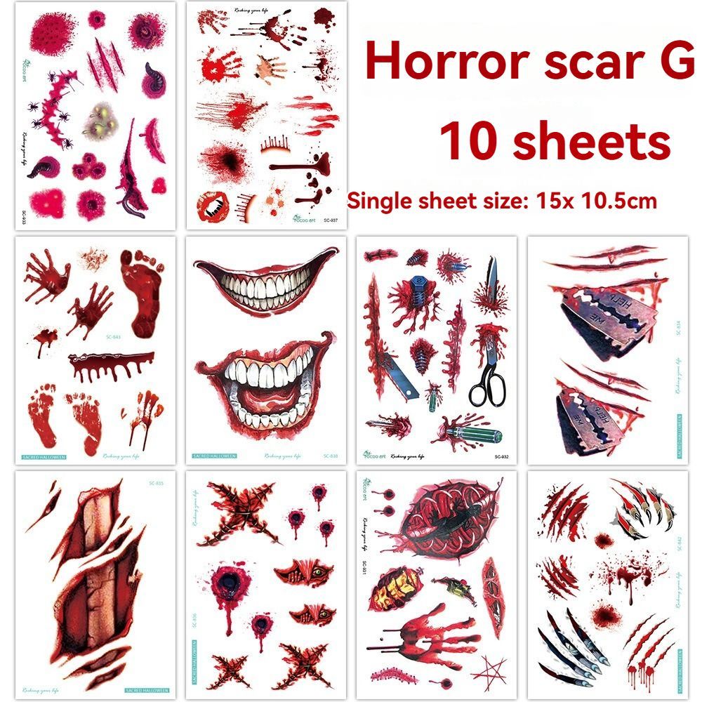 Halloween Tattoos 3D Temporary Tattoos Fake Wound Stickers Blood Wounds - Red - Size scarF-10pcs