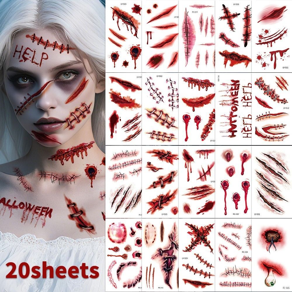 Halloween Tattoos 3D Temporary Tattoos Fake Wound Stickers Blood Wounds - Red - Size scarF-10pcs