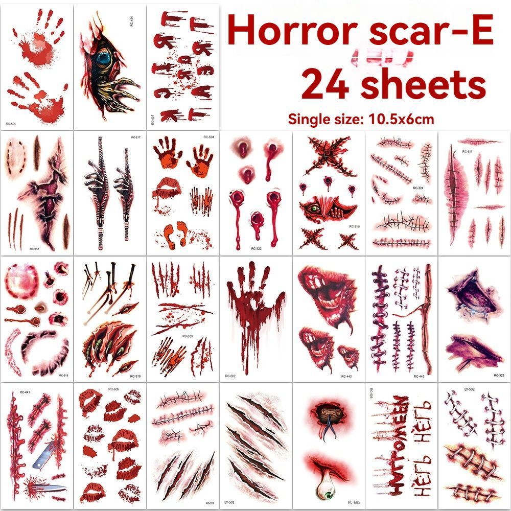 Halloween Tattoos 3D Temporary Tattoos Fake Wound Stickers Blood Wounds - Red - Size scarF-10pcs