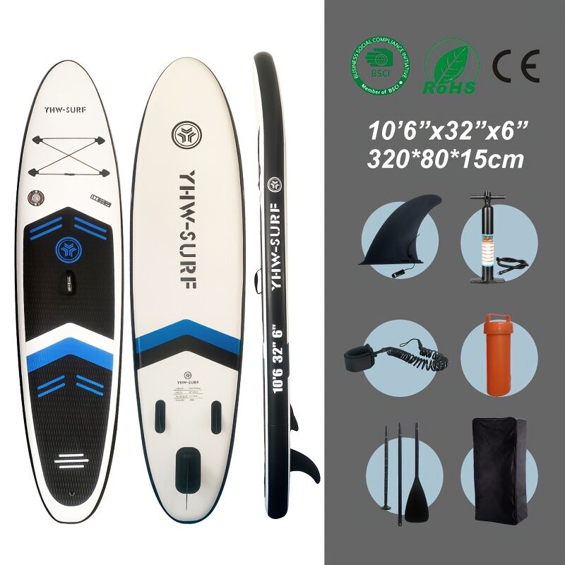Aufblasbares Stehpaddel-Set für Wassersport und Surfen – inklusive Luftpumpe, Paddel, Leine, Rucksack, Finnenkasten und Wartungswerkzeugen.