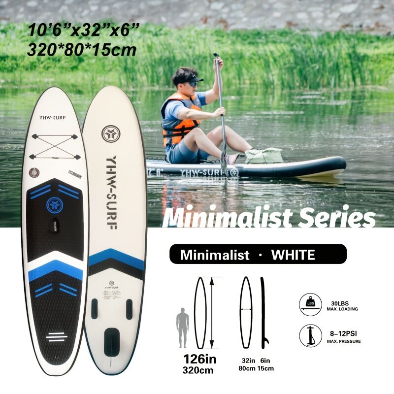 Aufblasbares Stehpaddel-Set für Wassersport und Surfen – inklusive Luftpumpe, Paddel, Leine, Rucksack, Finnenkasten und Wartungswerkzeugen.
