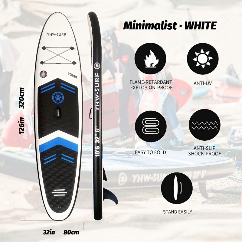 Aufblasbares Stehpaddel-Set für Wassersport und Surfen – inklusive Luftpumpe, Paddel, Leine, Rucksack, Finnenkasten und Wartungswerkzeugen.