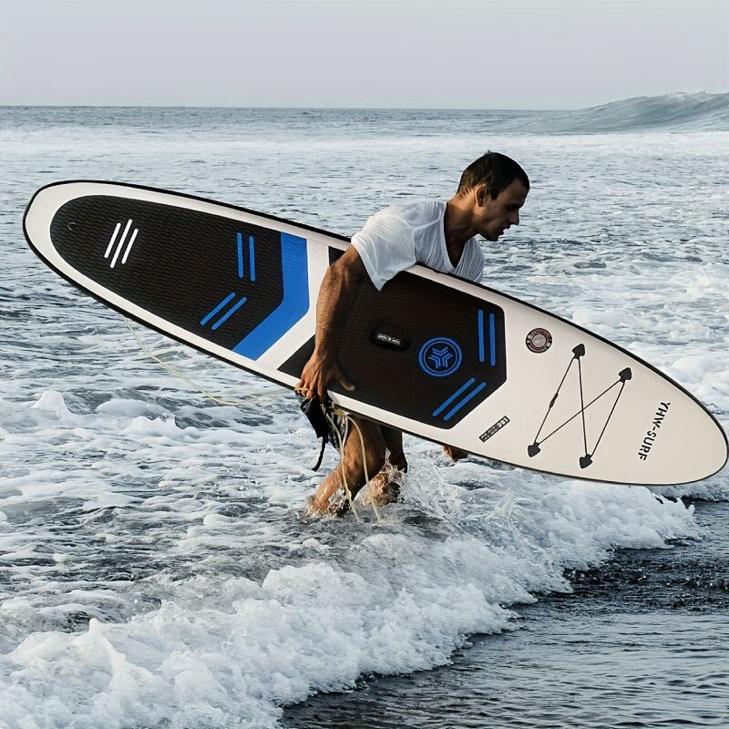 Aufblasbares Stehpaddel-Set für Wassersport und Surfen – inklusive Luftpumpe, Paddel, Leine, Rucksack, Finnenkasten und Wartungswerkzeugen.
