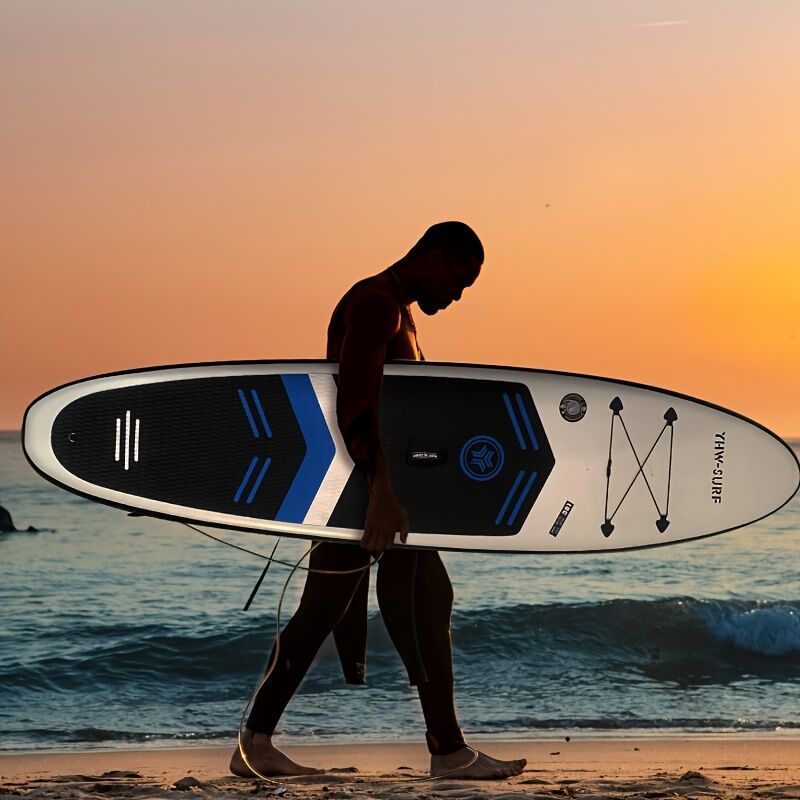 Aufblasbares Stehpaddel-Set für Wassersport und Surfen – inklusive Luftpumpe, Paddel, Leine, Rucksack, Finnenkasten und Wartungswerkzeugen.