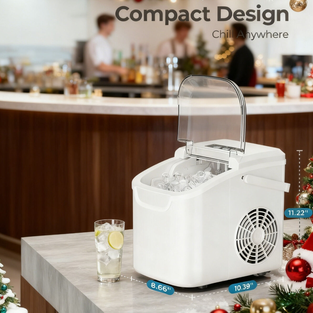 WHITE Desktop Ice Maker, Produces Ice in 6 Minutes with a Capacity of 26 Pounds, Energy-Saving 30% and Operating Noise Below 40 Decibels, Portable Ice Maker with Built-in Ice Basket, Suitable for Home and Camping.