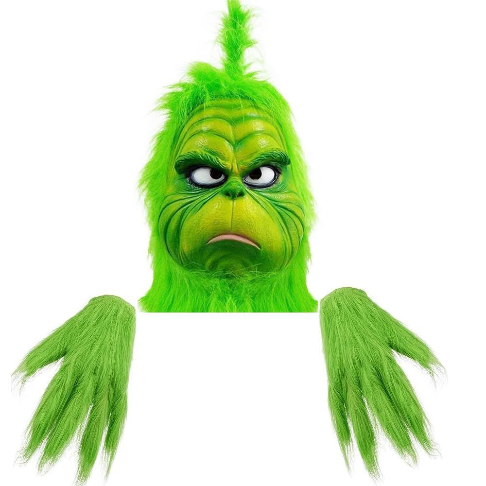 Deluxe Green Monster Christmas Mask with Santa Hat, Adult Size, Plush Fur Holiday Costume Accessory