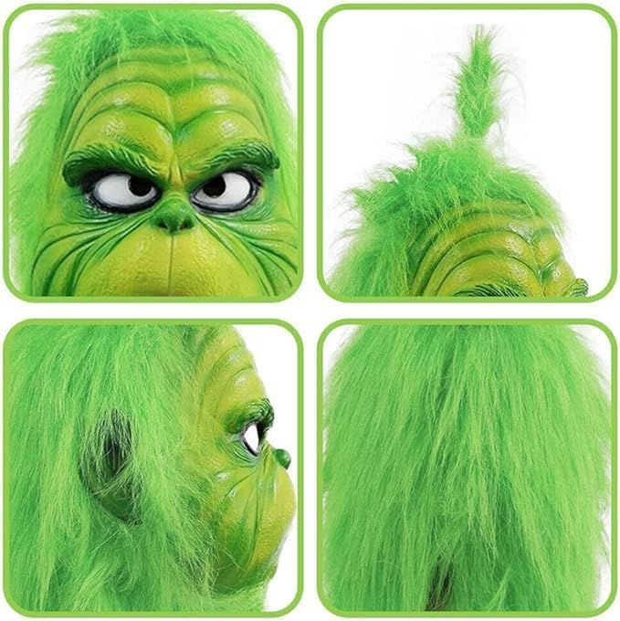 Deluxe Green Monster Christmas Mask with Santa Hat, Adult Size, Plush Fur Holiday Costume Accessory