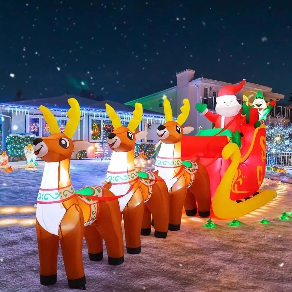 12 Ft Christmas Inflatable Reindeer cart Outdoor Decorations Blow Up Yard Three Deer Pulling a Sleigh and Santa Claus with Built-in LEDs for Indoor Party Garden Lawn Decor