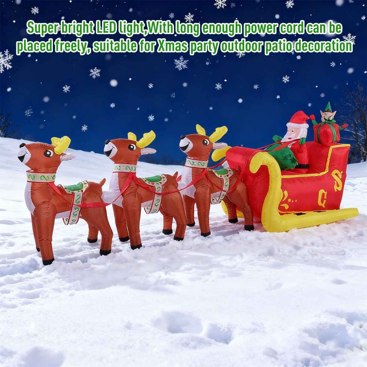 12 Ft Christmas Inflatable Reindeer cart Outdoor Decorations Blow Up Yard Three Deer Pulling a Sleigh and Santa Claus with Built-in LEDs for Indoor Party Garden Lawn Decor
