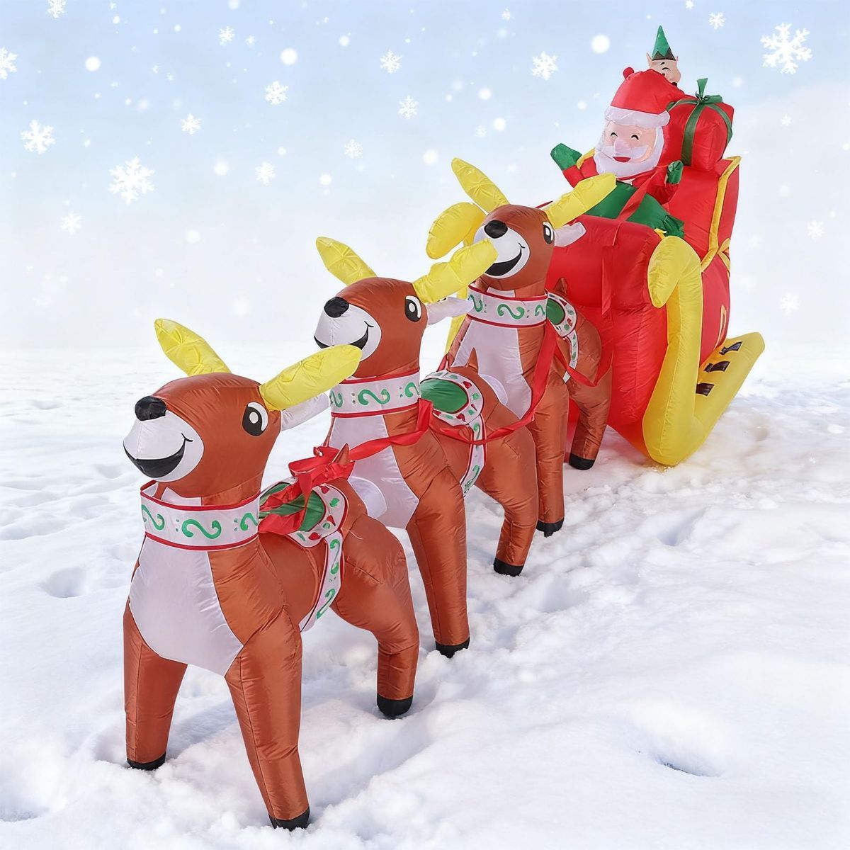12 Ft Christmas Inflatable Reindeer cart Outdoor Decorations Blow Up Yard Three Deer Pulling a Sleigh and Santa Claus with Built-in LEDs for Indoor Party Garden Lawn Decor