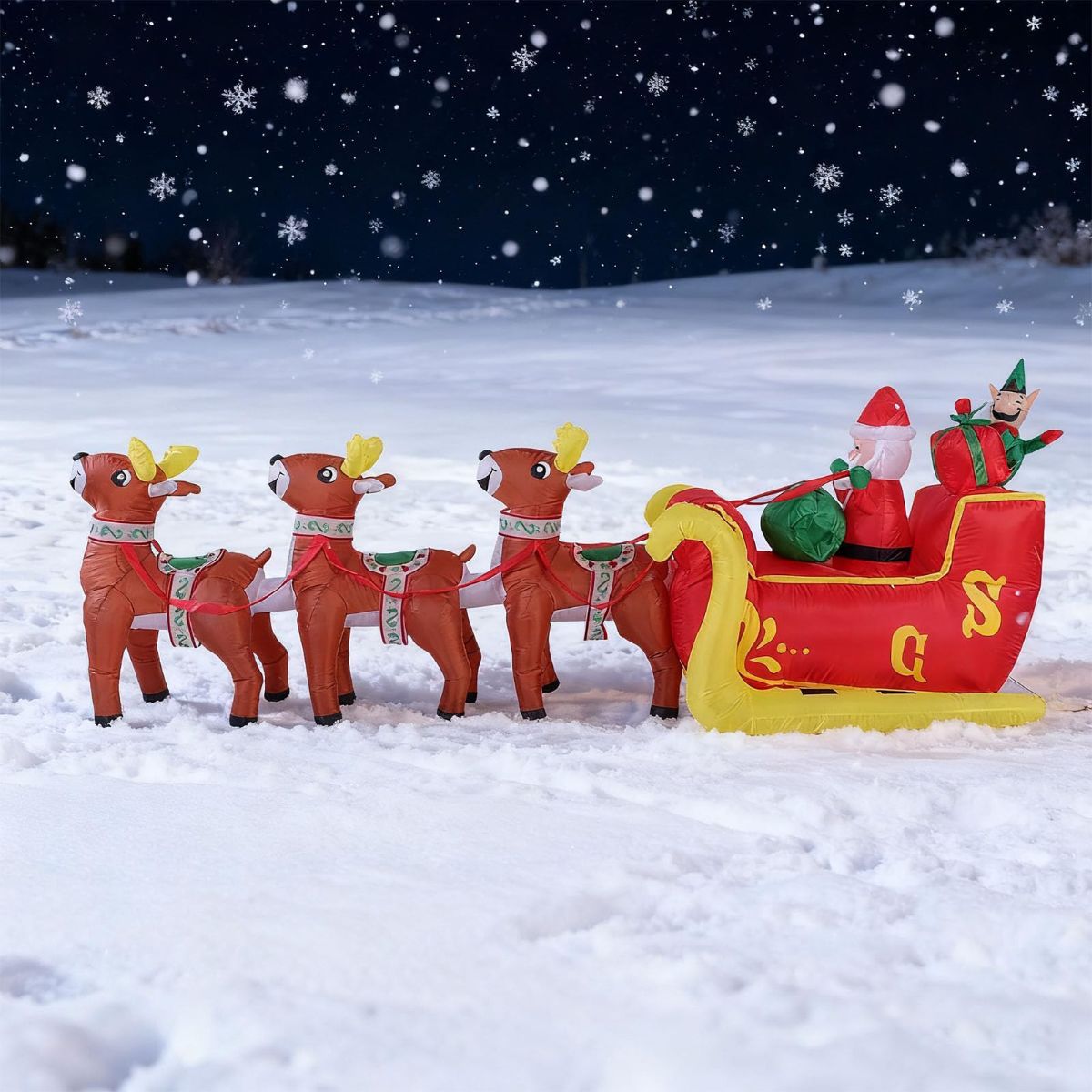 12 Ft Christmas Inflatable Reindeer cart Outdoor Decorations Blow Up Yard Three Deer Pulling a Sleigh and Santa Claus with Built-in LEDs for Indoor Party Garden Lawn Decor