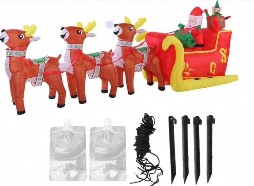 12 Ft Christmas Inflatable Reindeer cart Outdoor Decorations Blow Up Yard Three Deer Pulling a Sleigh and Santa Claus with Built-in LEDs for Indoor Party Garden Lawn Decor