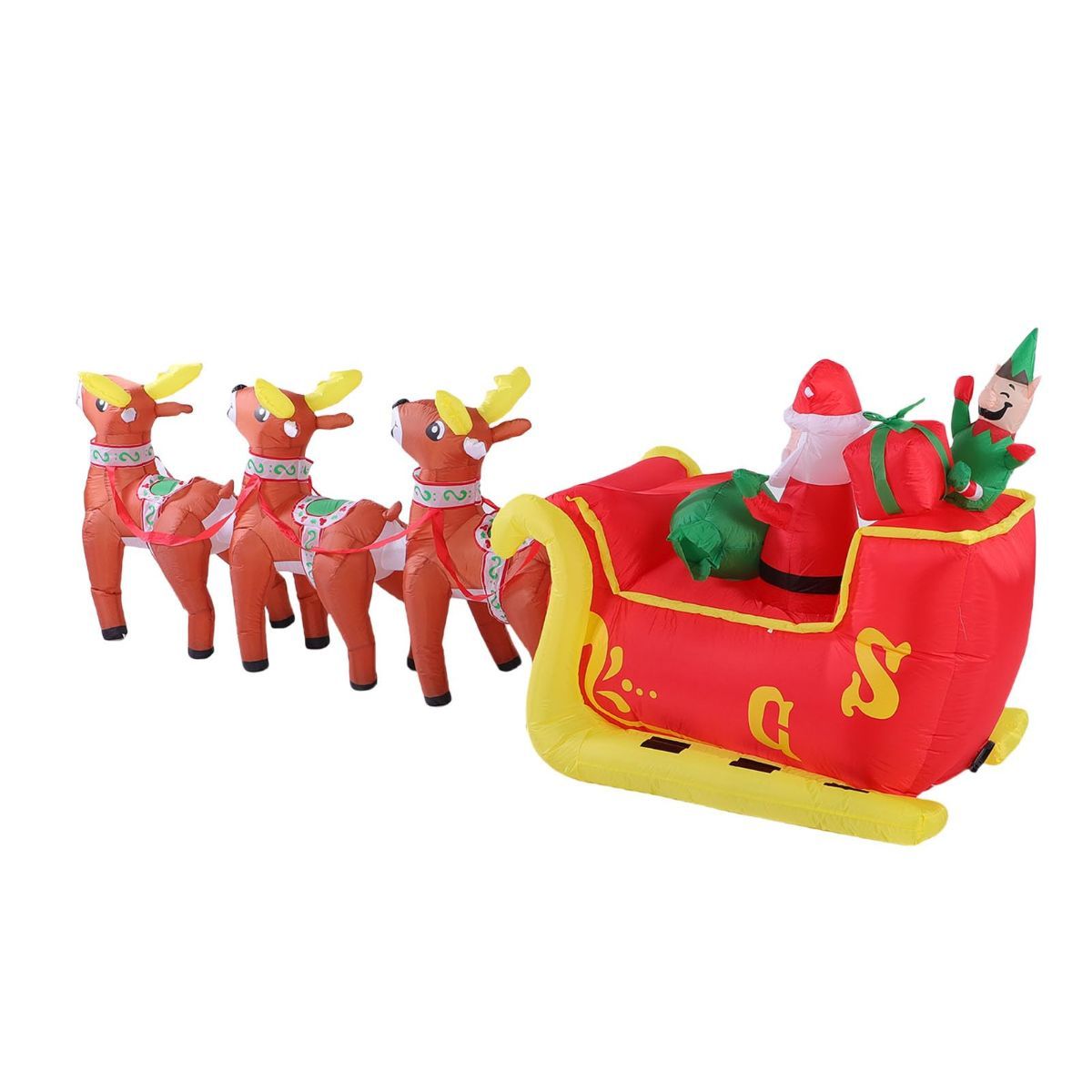 12 Ft Christmas Inflatable Reindeer cart Outdoor Decorations Blow Up Yard Three Deer Pulling a Sleigh and Santa Claus with Built-in LEDs for Indoor Party Garden Lawn Decor