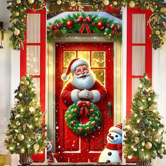 Christmas Door Cover Decoration – Fabric Funny Christmas Front Door Banner for Indoor & Outdoor Holiday Parties, 71 x 35 Inches - Multi-color