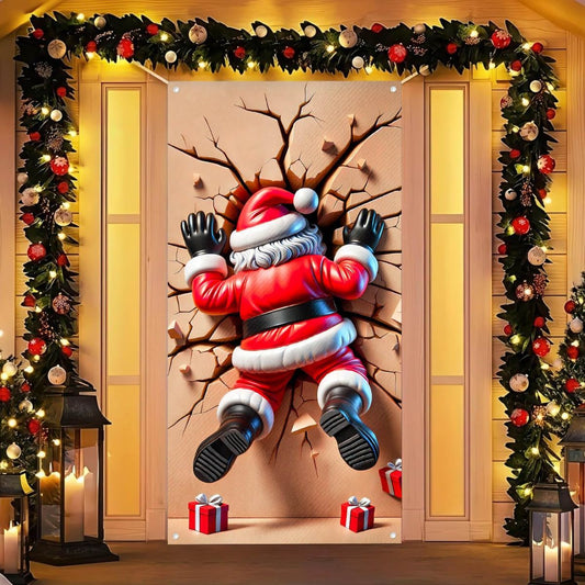 Christmas Door Cover Decoration – Fabric Funny Christmas Front Door Banner for Indoor & Outdoor Holiday Parties, 71 x 35 Inches - Multi-color