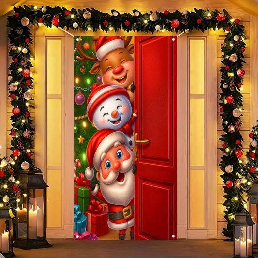 Christmas Door Cover Decoration – Fabric Funny Christmas Front Door Banner for Indoor & Outdoor Holiday Parties, 71 x 35 Inches - Multi-color