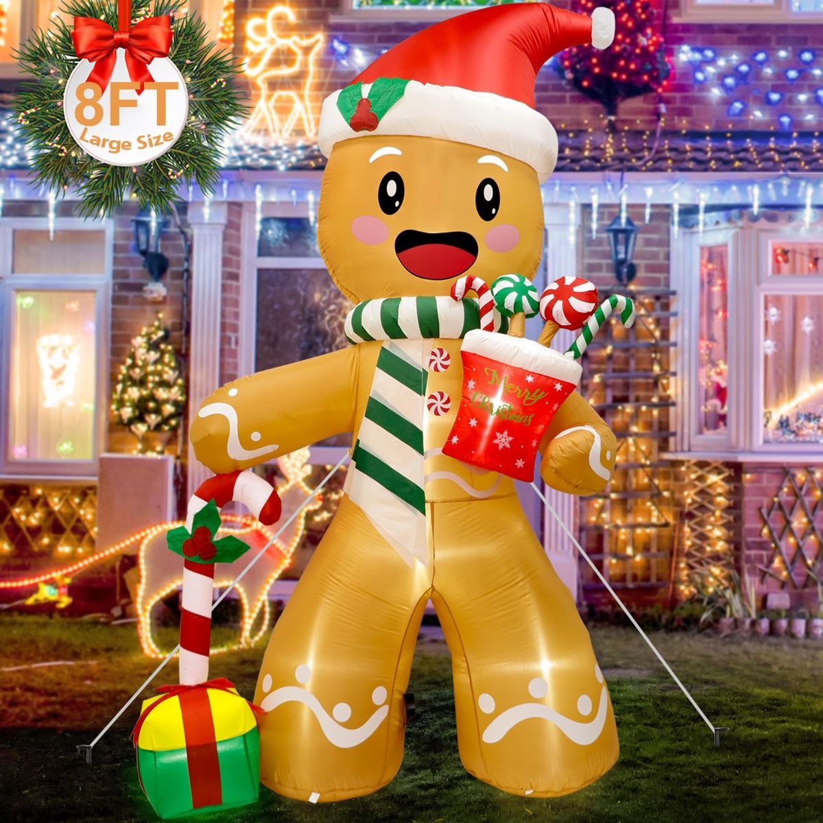 8FT Christmas Inflatables Outdoor Decorations Gingerbread Man, Cute Blow Up Yard Decorations With 8 LED Lights for Indoor Outdoor Lawn Garden