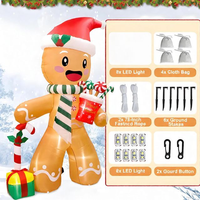 8FT Christmas Inflatables Outdoor Decorations Gingerbread Man, Cute Blow Up Yard Decorations With 8 LED Lights for Indoor Outdoor Lawn Garden