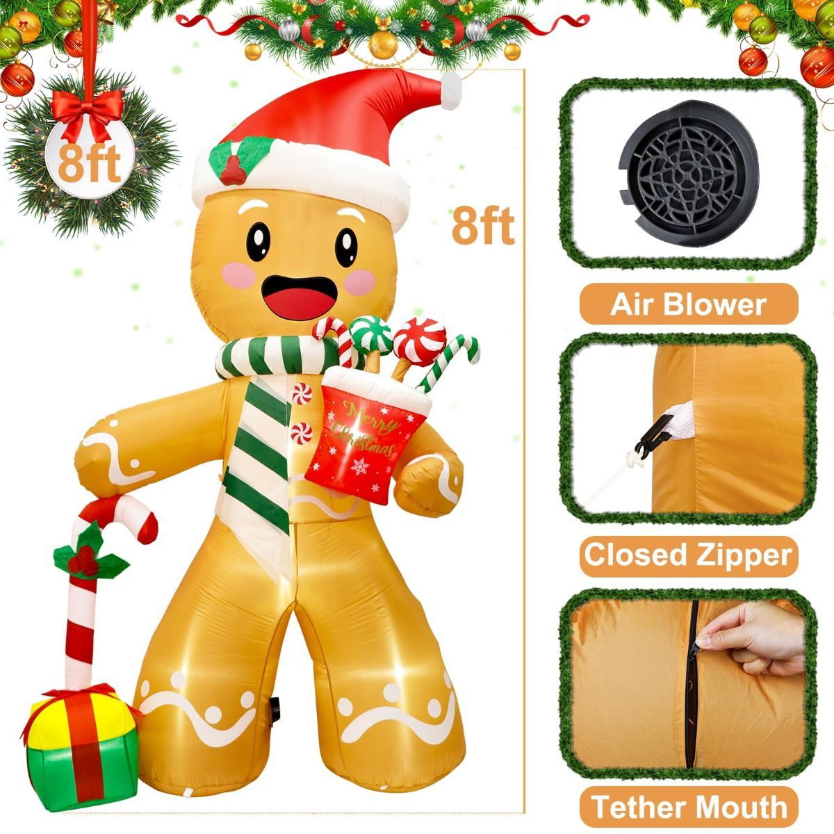 8FT Christmas Inflatables Outdoor Decorations Gingerbread Man, Cute Blow Up Yard Decorations With 8 LED Lights for Indoor Outdoor Lawn Garden