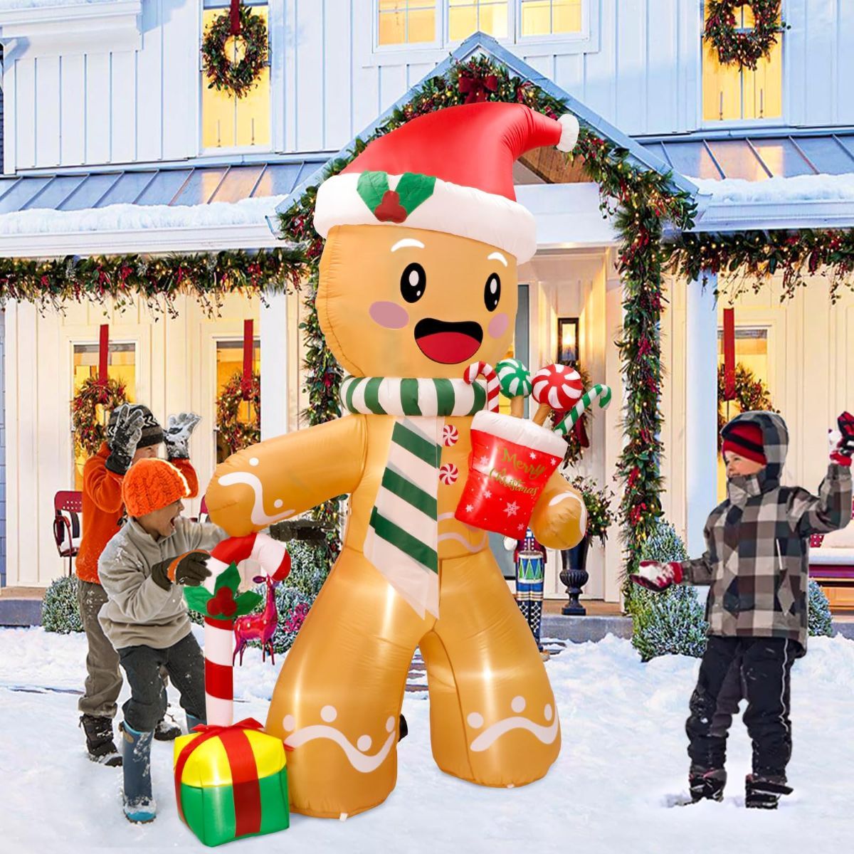 8FT Christmas Inflatables Outdoor Decorations Gingerbread Man, Cute Blow Up Yard Decorations With 8 LED Lights for Indoor Outdoor Lawn Garden