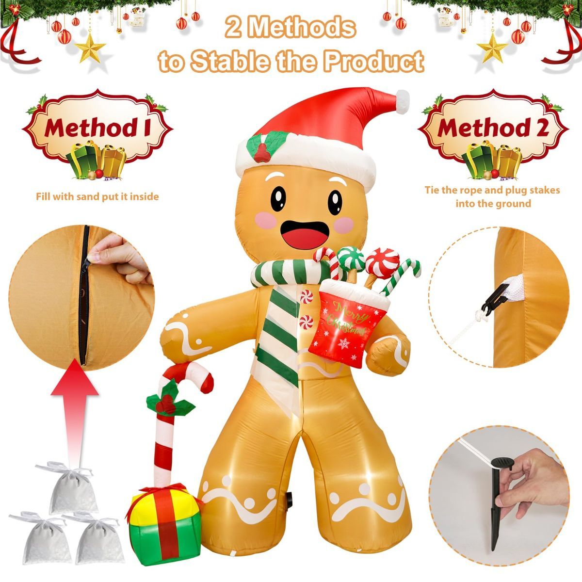 8FT Christmas Inflatables Outdoor Decorations Gingerbread Man, Cute Blow Up Yard Decorations With 8 LED Lights for Indoor Outdoor Lawn Garden