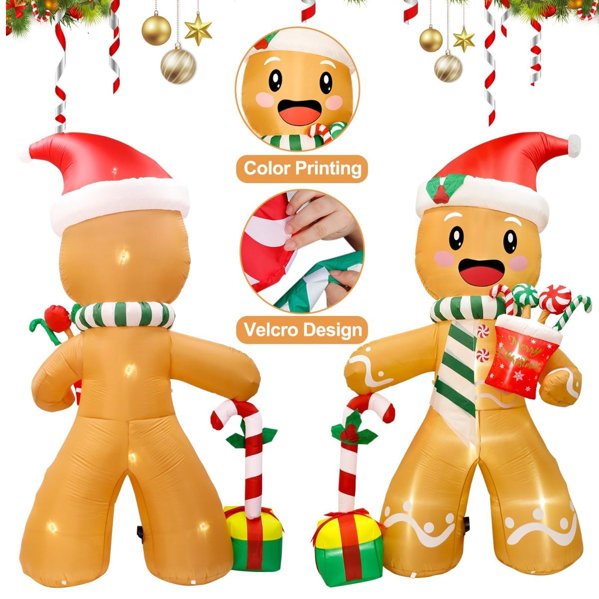 8FT Christmas Inflatables Outdoor Decorations Gingerbread Man, Cute Blow Up Yard Decorations With 8 LED Lights for Indoor Outdoor Lawn Garden