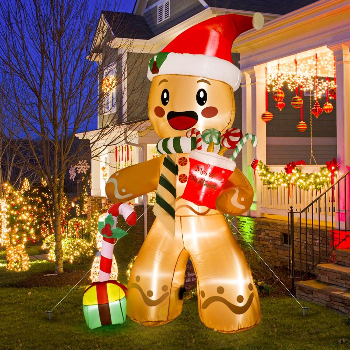 8FT Christmas Inflatables Outdoor Decorations Gingerbread Man, Cute Blow Up Yard Decorations With 8 LED Lights for Indoor Outdoor Lawn Garden