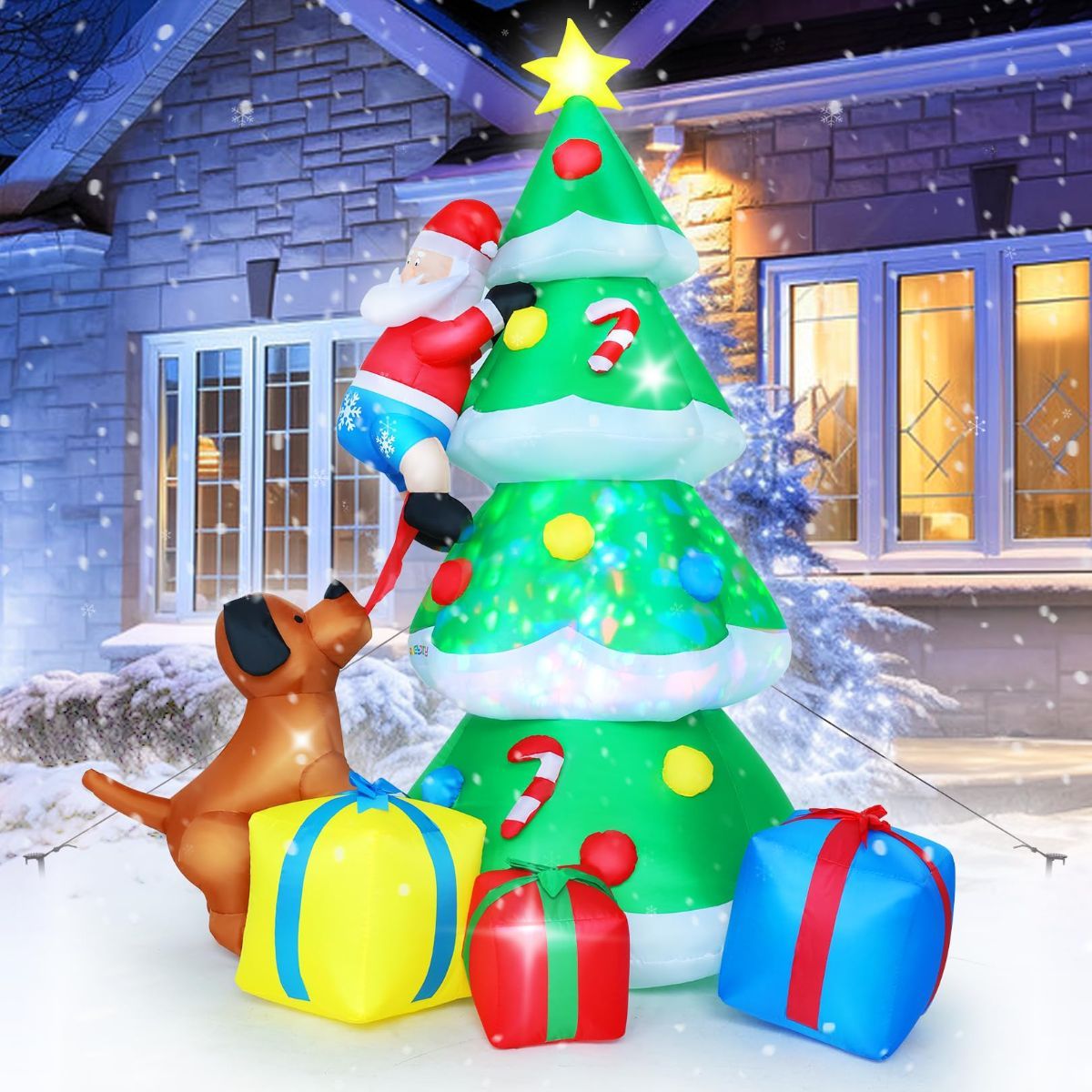 7.7ft Giant Christmas Tree Inflatable Outdoor Decoration, Blow Up Santa Claus Climbing Tree Bite By Dog with 3 Gift Boxes, Built-in Dazzling LED Lights for Xmas Party Indoor Lawn Garden Yard Decor