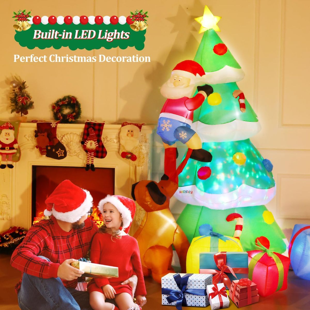 7.7ft Giant Christmas Tree Inflatable Outdoor Decoration, Blow Up Santa Claus Climbing Tree Bite By Dog with 3 Gift Boxes, Built-in Dazzling LED Lights for Xmas Party Indoor Lawn Garden Yard Decor