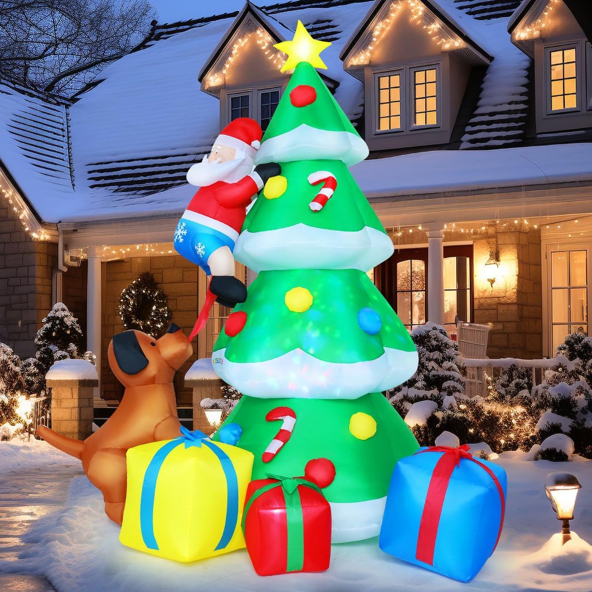 7.7ft Giant Christmas Tree Inflatable Outdoor Decoration, Blow Up Santa Claus Climbing Tree Bite By Dog with 3 Gift Boxes, Built-in Dazzling LED Lights for Xmas Party Indoor Lawn Garden Yard Decor