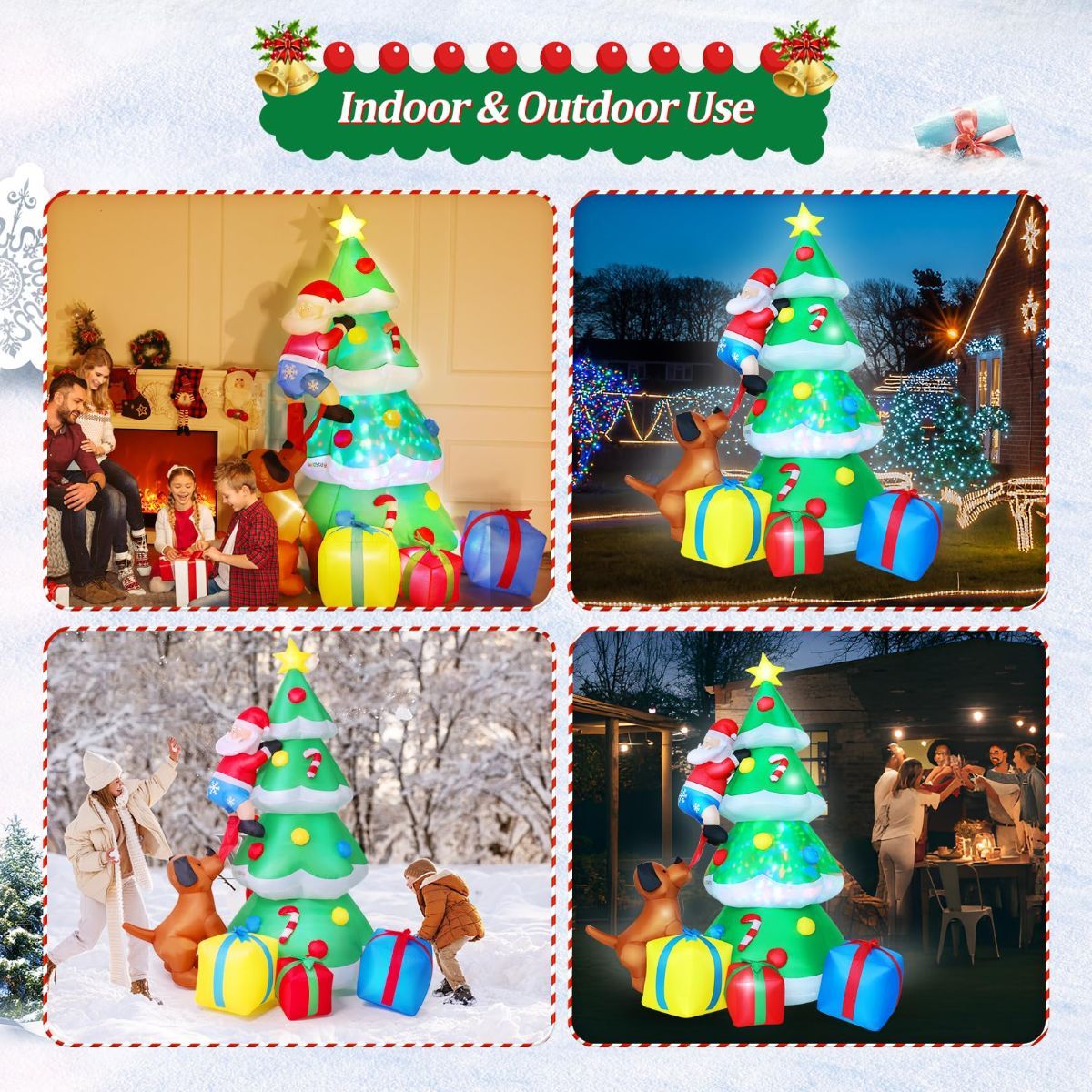 7.7ft Giant Christmas Tree Inflatable Outdoor Decoration, Blow Up Santa Claus Climbing Tree Bite By Dog with 3 Gift Boxes, Built-in Dazzling LED Lights for Xmas Party Indoor Lawn Garden Yard Decor