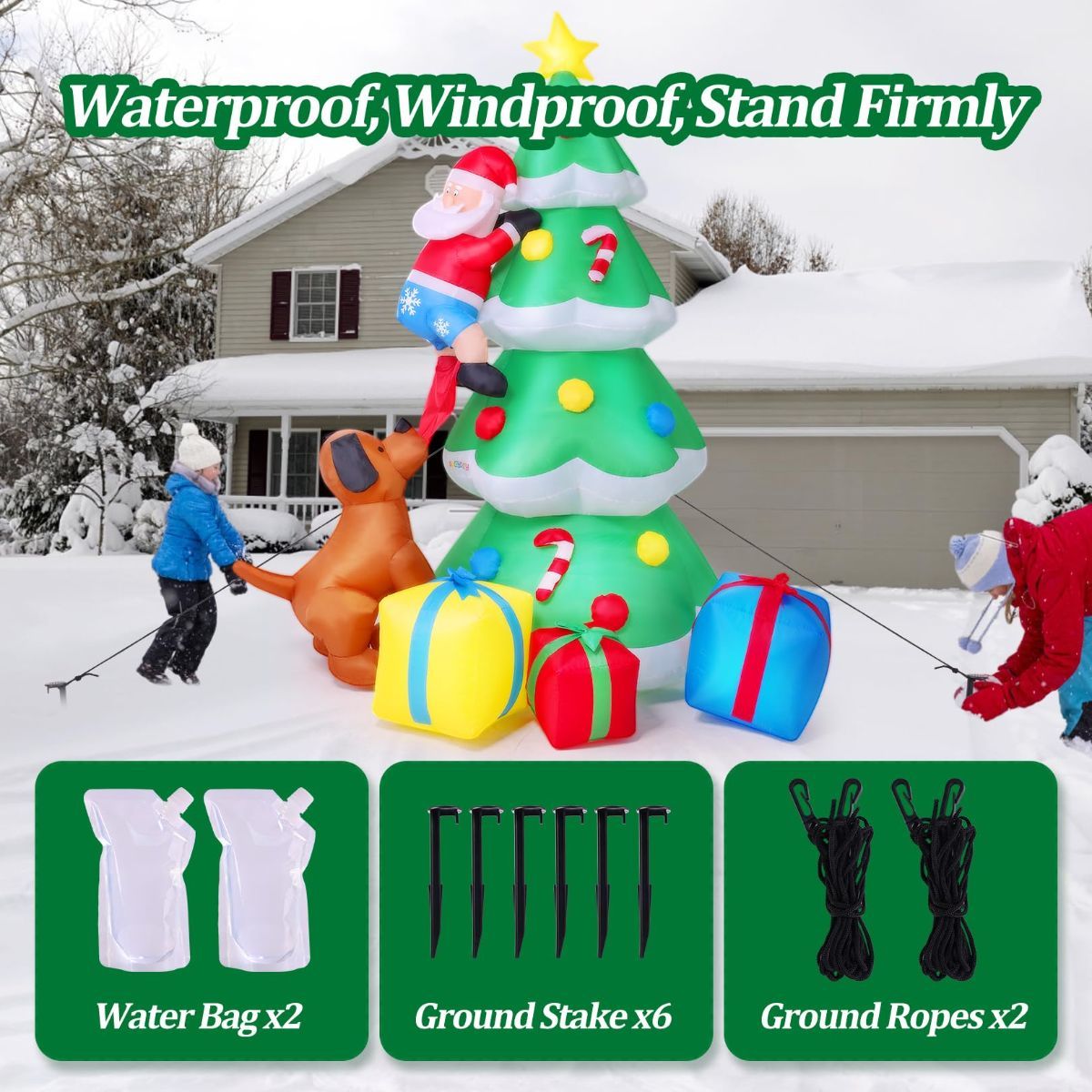 7.7ft Giant Christmas Tree Inflatable Outdoor Decoration, Blow Up Santa Claus Climbing Tree Bite By Dog with 3 Gift Boxes, Built-in Dazzling LED Lights for Xmas Party Indoor Lawn Garden Yard Decor