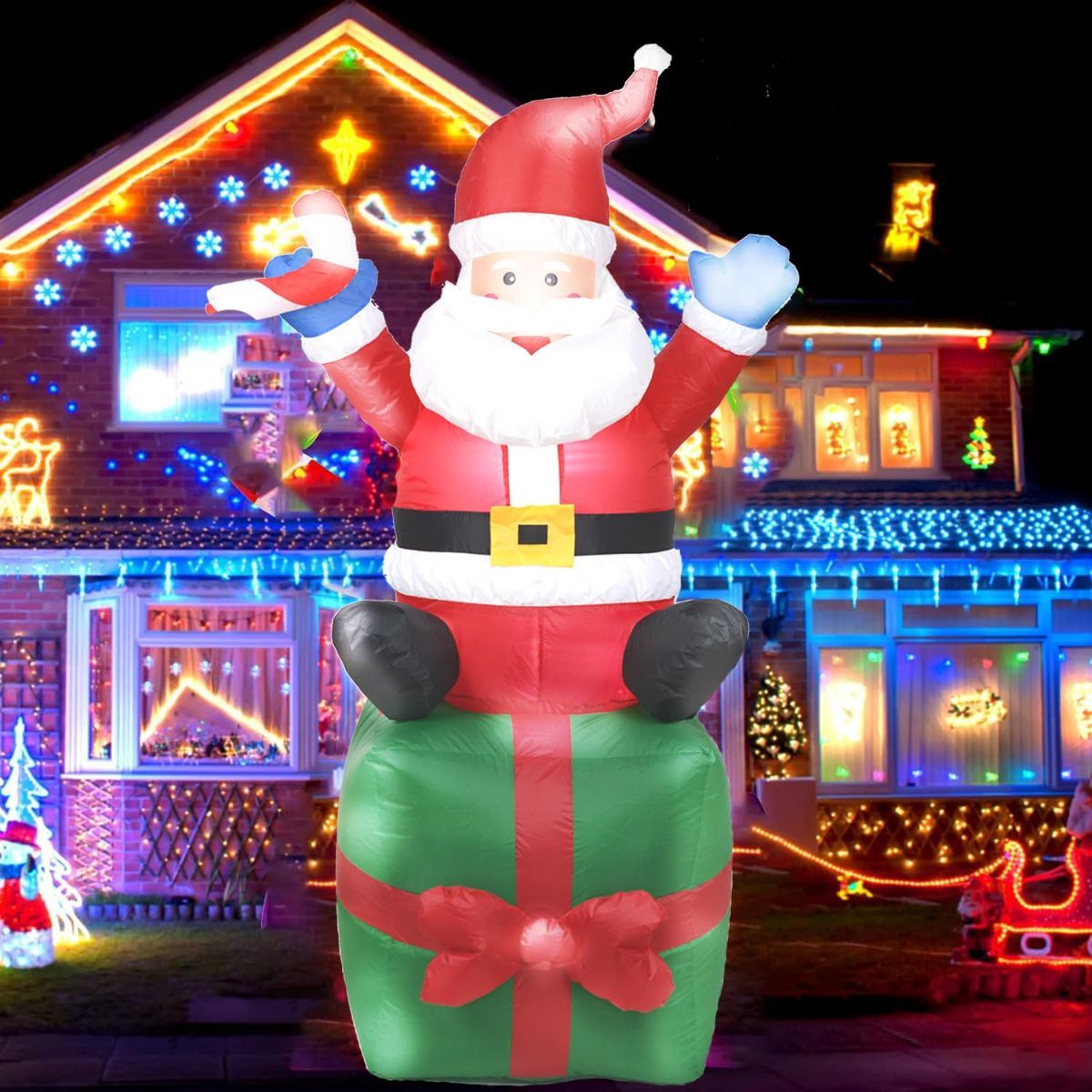 6FT Christmas Inflatable Santa Outdoor Decoration with LED Lights, Blow-Up Santa Yard Decor for Xmas, Lawn, Porch & Holiday