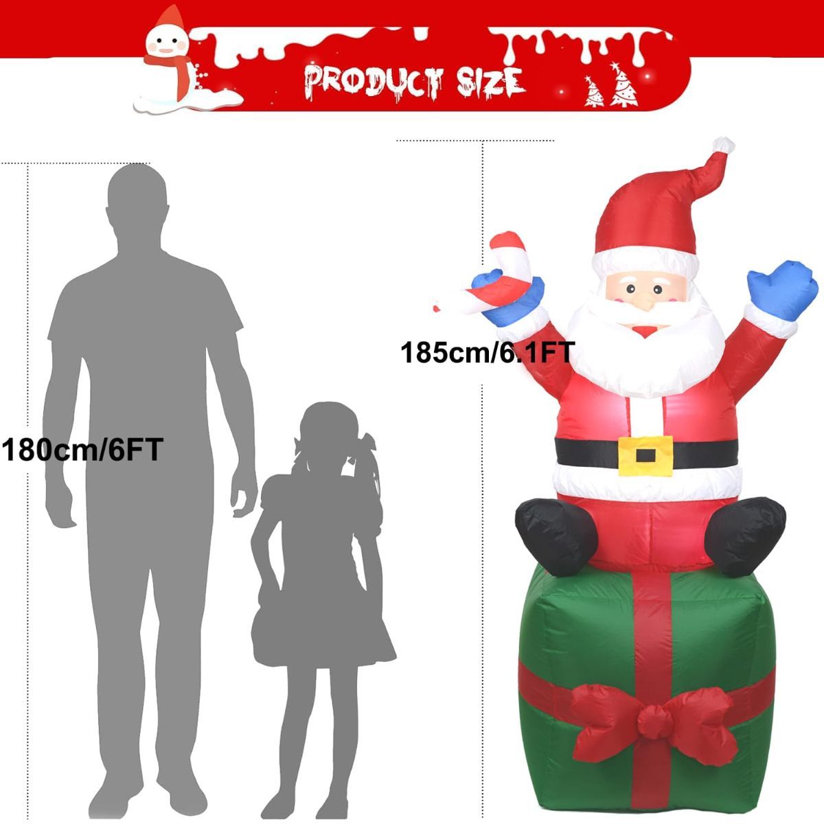 6FT Christmas Inflatable Santa Outdoor Decoration with LED Lights, Blow-Up Santa Yard Decor for Xmas, Lawn, Porch & Holiday