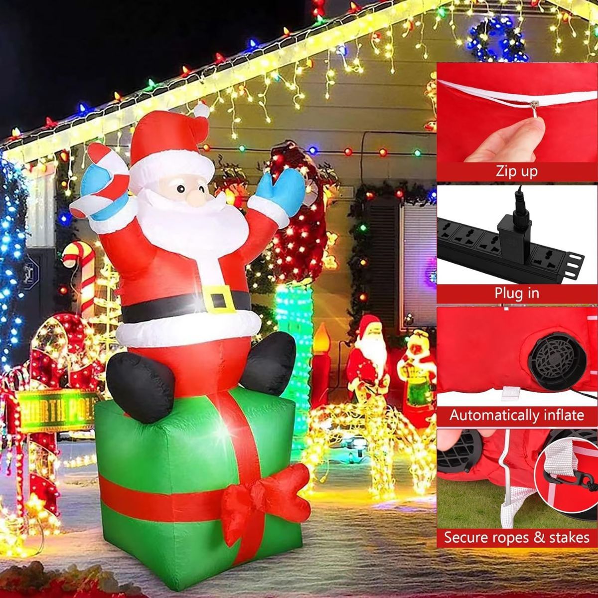 6FT Christmas Inflatable Santa Outdoor Decoration with LED Lights, Blow-Up Santa Yard Decor for Xmas, Lawn, Porch & Holiday