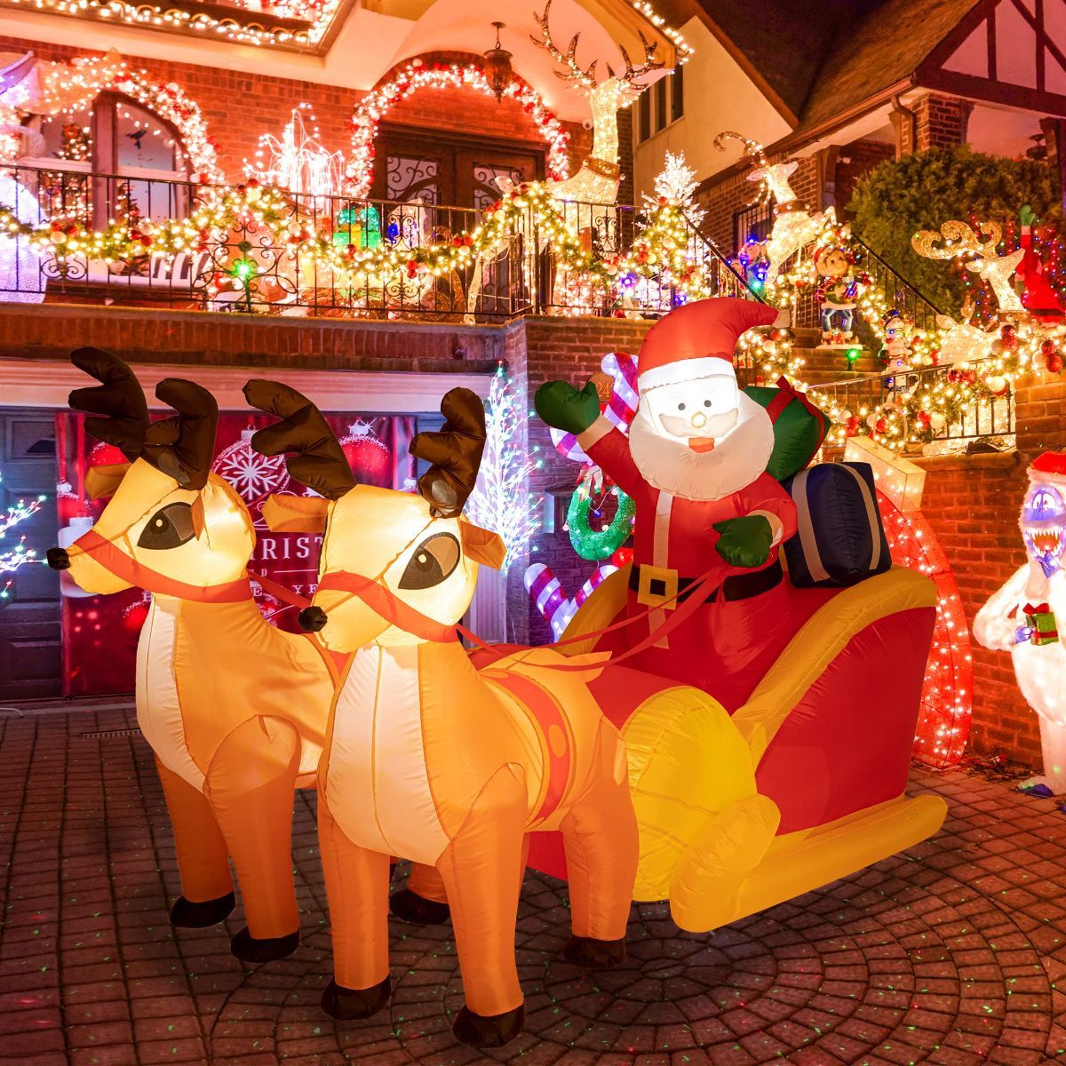 4.5x7FT LED Christmas Inflatables Santa & Reindeer Outdoor Decor Christmas Inflatables Reindeer Pull The Sleigh, Take Santa Claus Xmas Decoration with Built-in LED Lights
