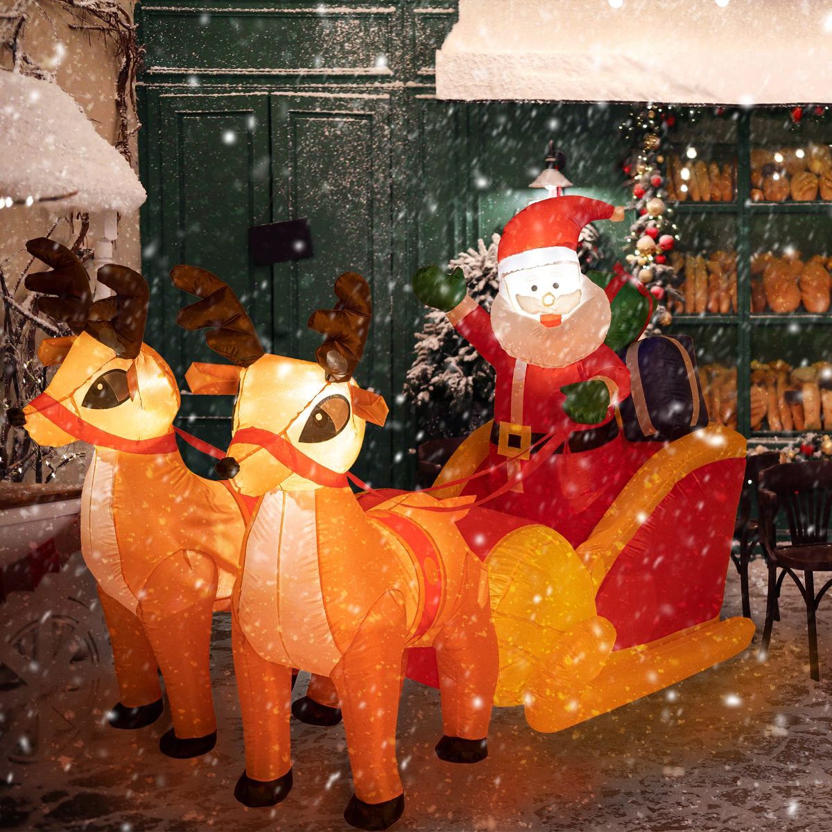 4.5x7FT LED Christmas Inflatables Santa & Reindeer Outdoor Decor Christmas Inflatables Reindeer Pull The Sleigh, Take Santa Claus Xmas Decoration with Built-in LED Lights
