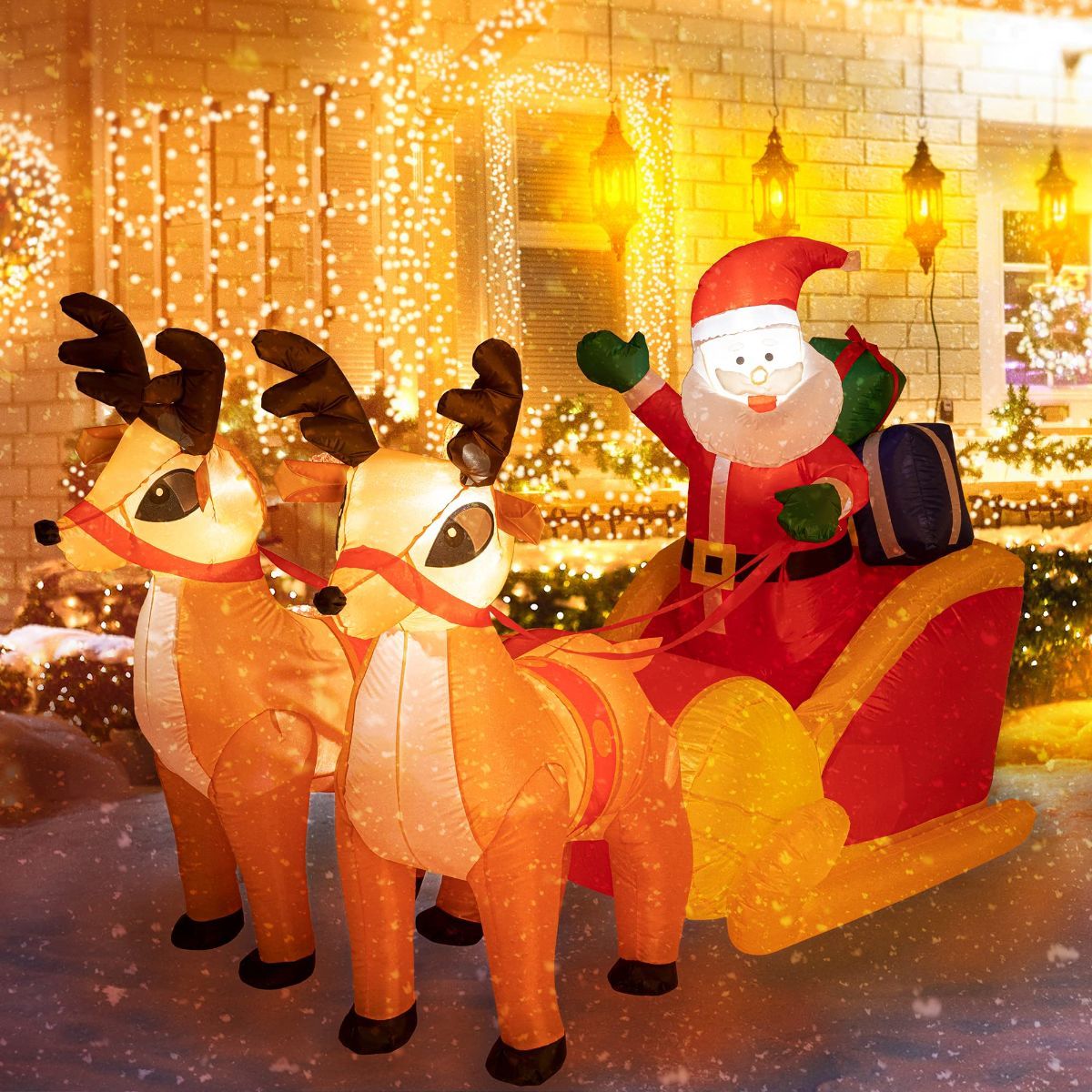 4.5x7FT LED Christmas Inflatables Santa & Reindeer Outdoor Decor Christmas Inflatables Reindeer Pull The Sleigh, Take Santa Claus Xmas Decoration with Built-in LED Lights
