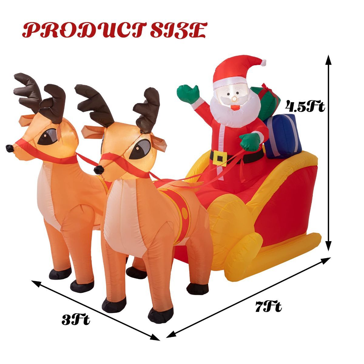 4.5x7FT LED Christmas Inflatables Santa & Reindeer Outdoor Decor Christmas Inflatables Reindeer Pull The Sleigh, Take Santa Claus Xmas Decoration with Built-in LED Lights