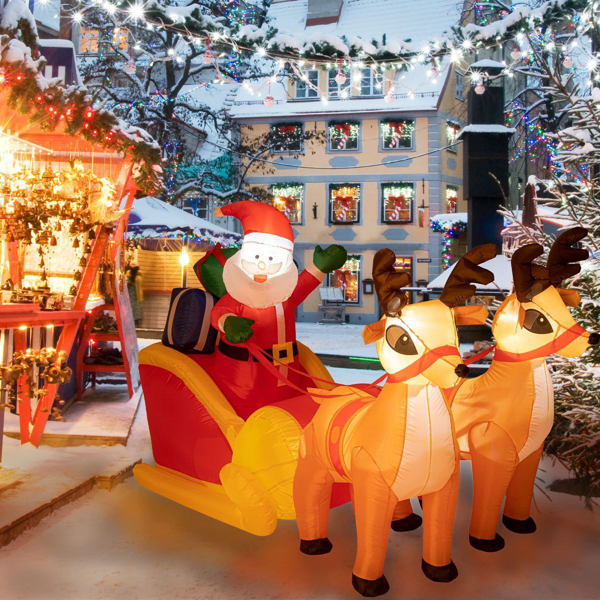4.5x7FT LED Christmas Inflatables Santa & Reindeer Outdoor Decor Christmas Inflatables Reindeer Pull The Sleigh, Take Santa Claus Xmas Decoration with Built-in LED Lights