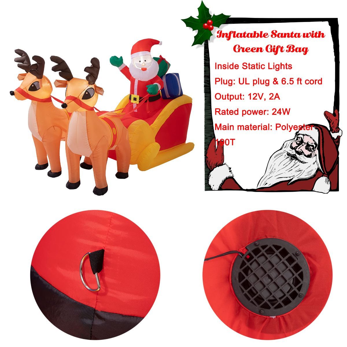 4.5x7FT LED Christmas Inflatables Santa & Reindeer Outdoor Decor Christmas Inflatables Reindeer Pull The Sleigh, Take Santa Claus Xmas Decoration with Built-in LED Lights