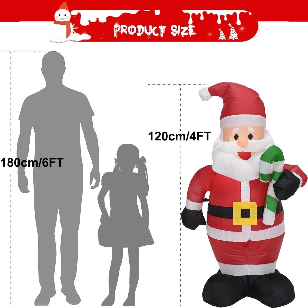 4FT Cute Christmas Inflatable Santa Claus with Build-in LED Lights, Blow up Christmas Inflatable Outdoor Indoor Decorations Large Party Yard Decoration