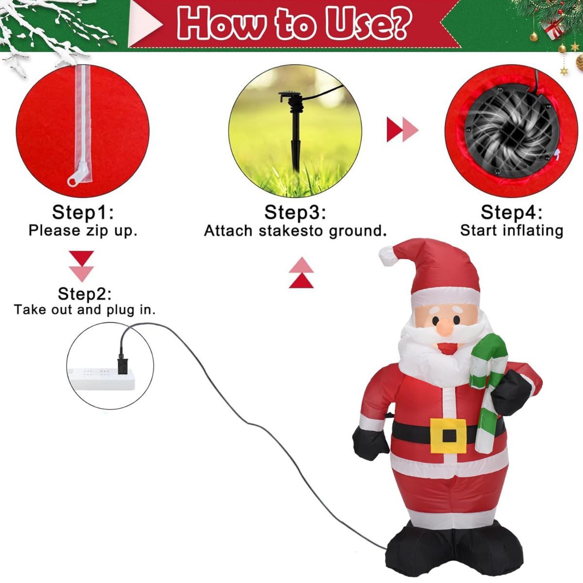 4FT Cute Christmas Inflatable Santa Claus with Build-in LED Lights, Blow up Christmas Inflatable Outdoor Indoor Decorations Large Party Yard Decoration