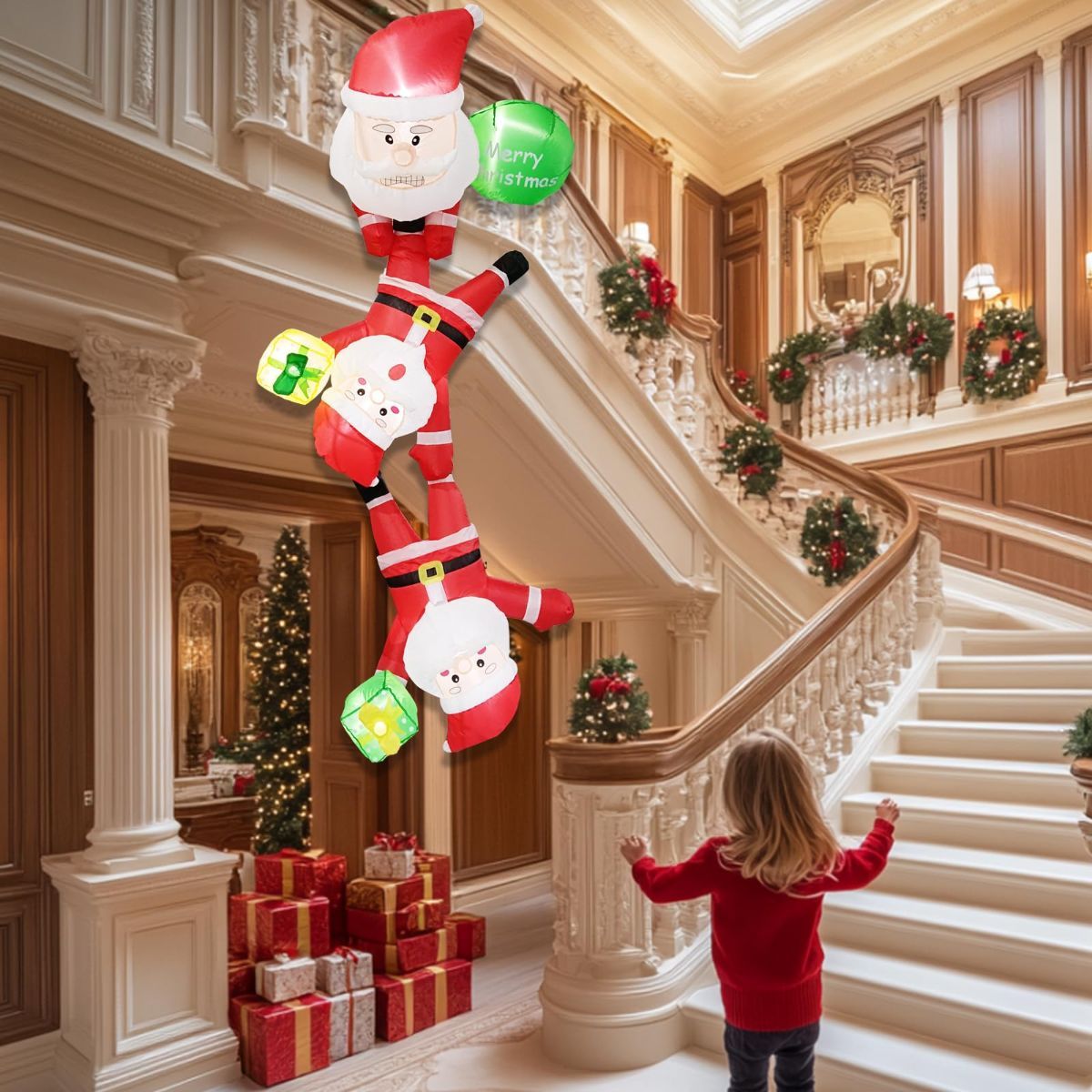 8FT Inflatable Climbing Santa Christmas Decoration with LED Lights, Automatic Inflation & Sturdy Anchors for Outdoor Yard Display