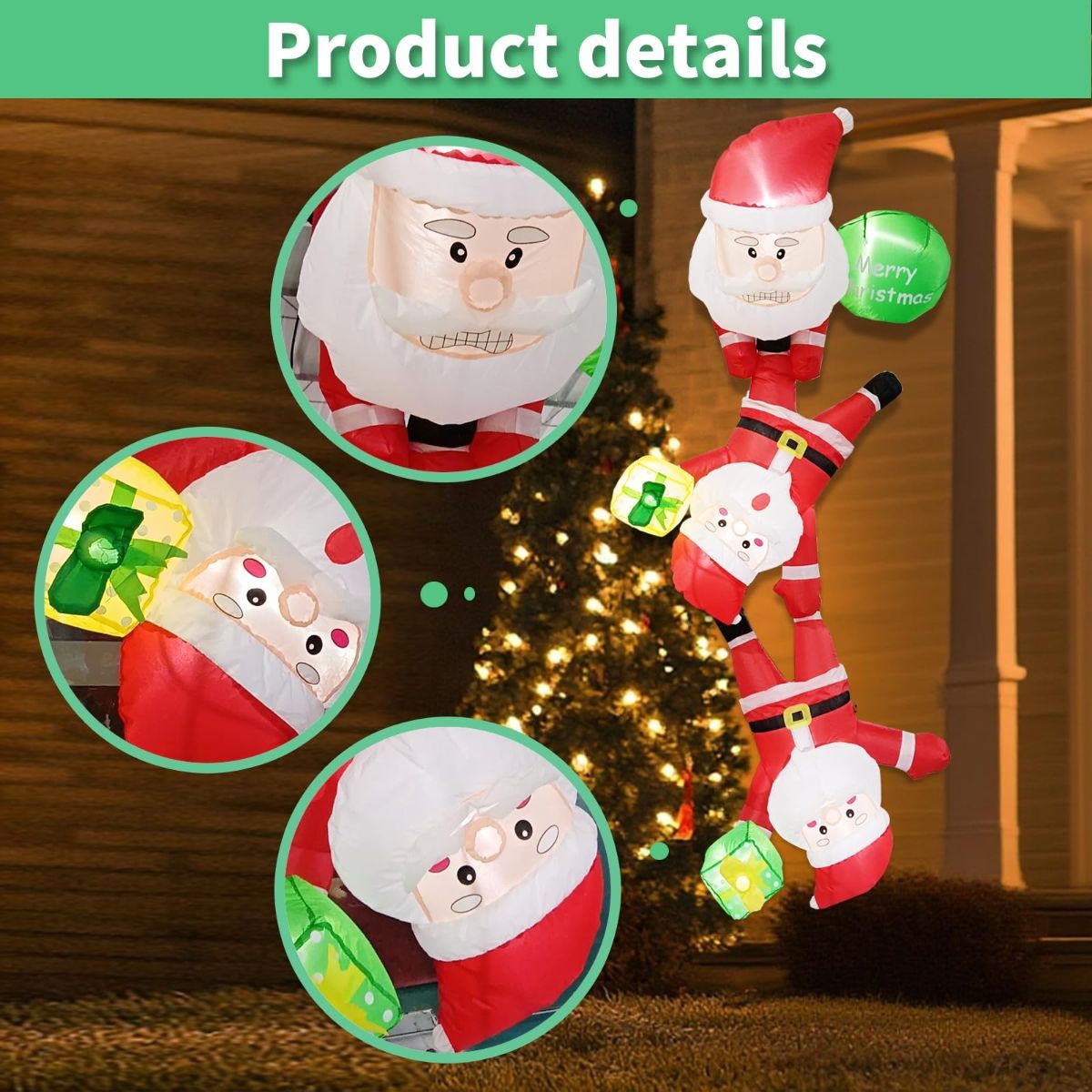 8FT Inflatable Climbing Santa Christmas Decoration with LED Lights, Automatic Inflation & Sturdy Anchors for Outdoor Yard Display