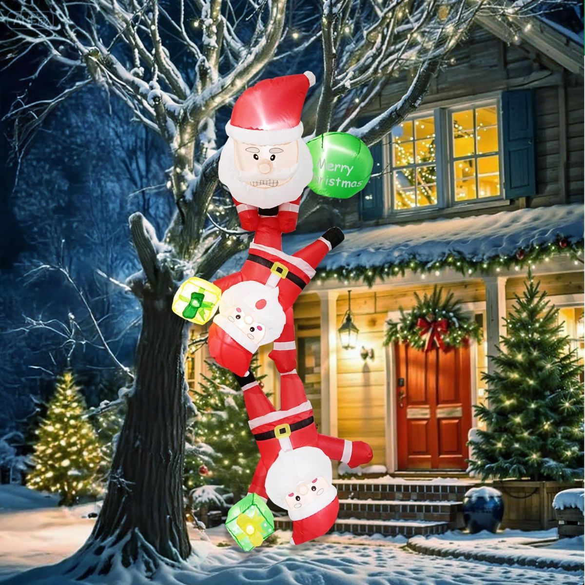 8FT Inflatable Climbing Santa Christmas Decoration with LED Lights, Automatic Inflation & Sturdy Anchors for Outdoor Yard Display