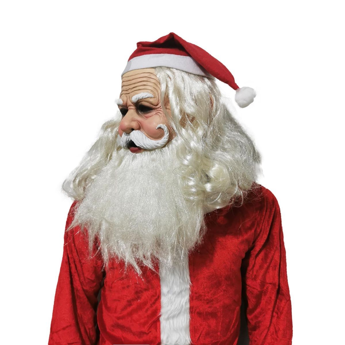Deluxe Green Monster Christmas Mask with Santa Hat, Adult Size, Plush Fur Holiday Costume Accessory
