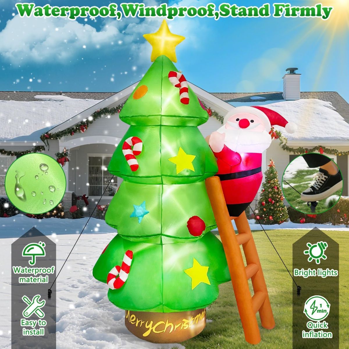 7 FT Christmas Inflatables Santa Claus Tree Outdoor Decorations, Build-in LEDs Funny Xmas Blow Ups Yard Decoration for Winter Holiday Outside Garden Lawn Patio Indoor Party Inflated Decor
